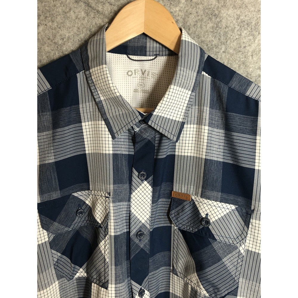 Orvis Mens Shirt XL Blue Plaid Short‎ Sleeve Button Down Fishing Performance